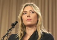 FILE - In this Monday, March 7, 2016, file photo, tennis star Maria Sharapova speakings during a news conference in Los Angeles. Sharapova is retiring from professional tennis at the age of 32 after five Grand Slam titles and time ranked No. 1. She has been dealing with shoulder problems for years. In an essay written for Vanity Fair and Vogue about her decision to walk away from the sport, posted online Wednesday, Feb. 26, 2020, Sharapova asks: “How do you leave behind the only life you’ve ever known?” (AP Photo/Damian Dovarganes, File)