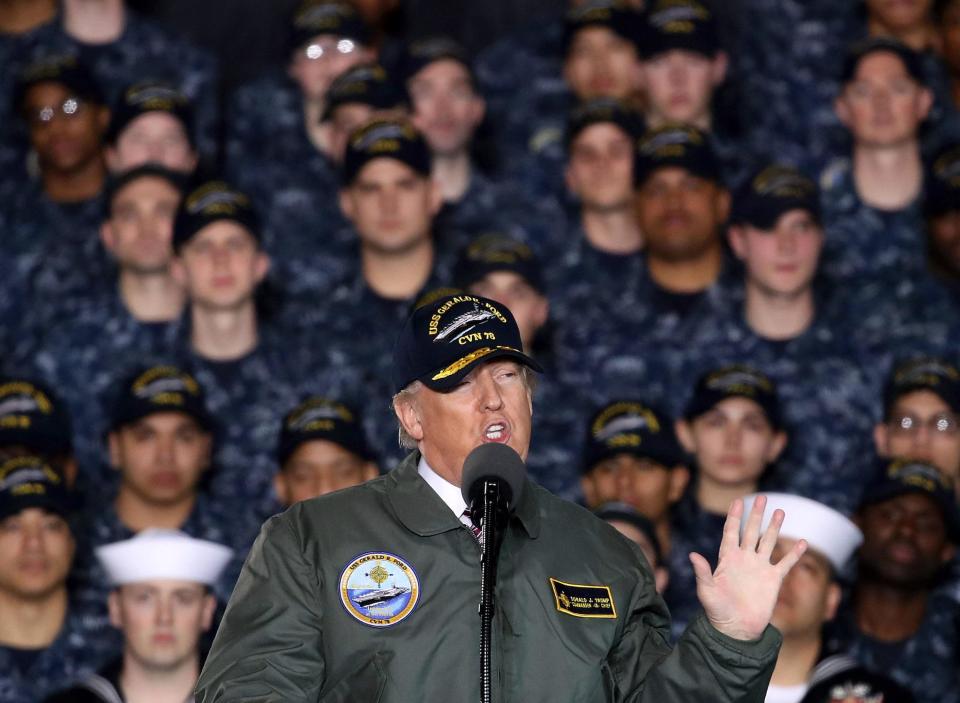 U.S. President Donald Trump speaks to members of the U.S. Navy and shipyard workers on board the USS Gerald R. Ford CVN 78: Mark Wilson/Getty Images