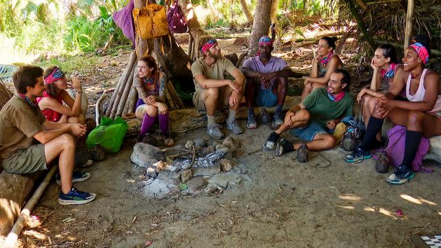 <p>CBS</p> The final nine castaways talk strategy.