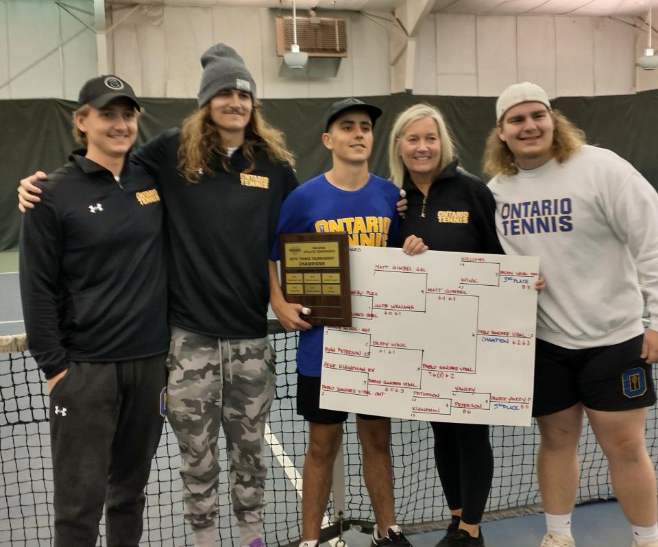 No. 1 singles champ Pablo Sanchez Vidal with members of the Ontario coaching staff: left to right, Luke Webster, Ty Carcione, Cary Carcione and Evan Booker.