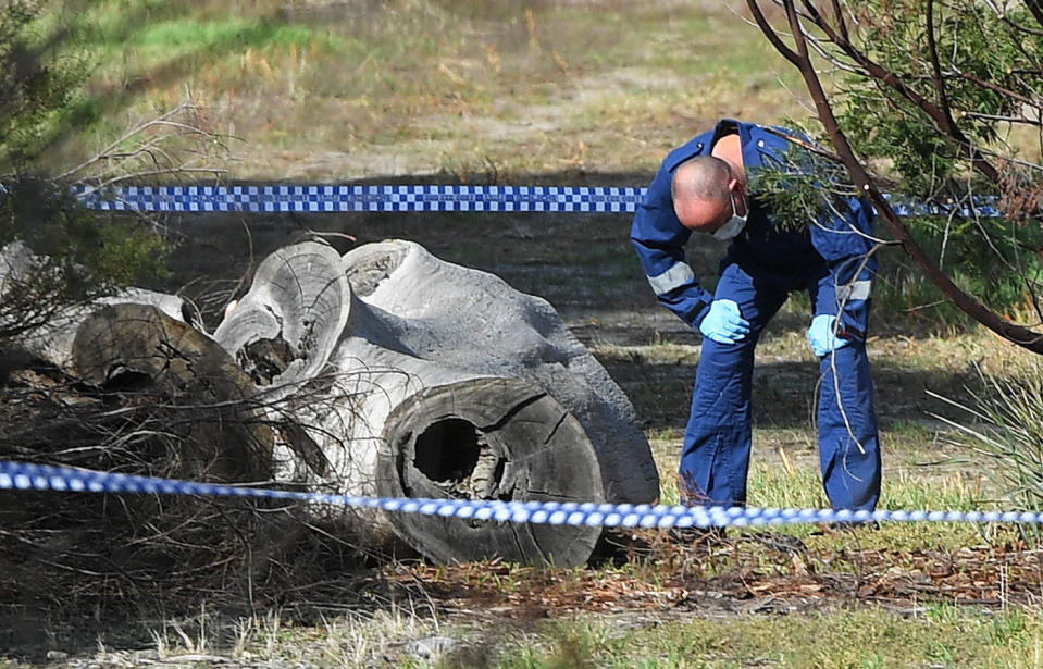 Forensic police investigate the crime scene at Royal Park, Parkville, where a woman was found dead.