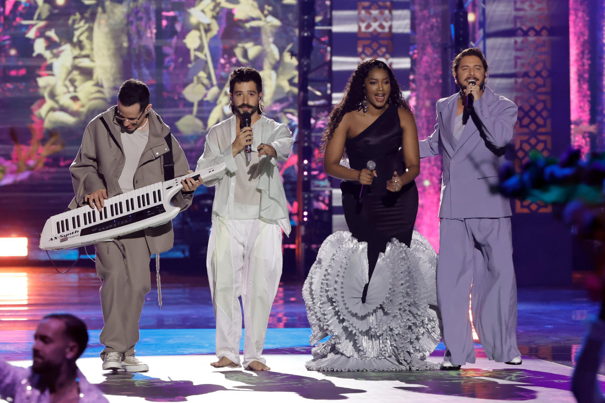 SEVILLE, SPAIN - NOVEMBER 16: (L-R) Edgar Barrera, Camilo, IZA and Manuel Carrasco perform onstage during The 24th Annual Latin Grammy Awards on November 16, 2023 in Seville, Spain. (Photo by Kevin Winter/Getty Images for Latin Recording Academy)