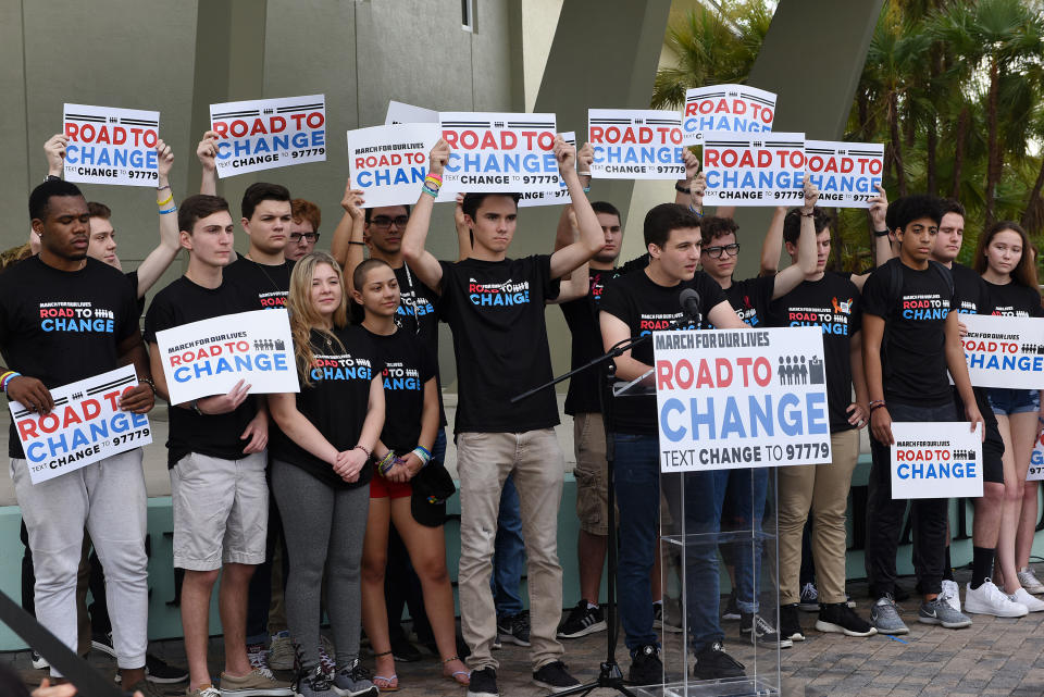 Marjory Stoneman Douglas students hold a press conference on June 4, 2018 in Parkland, Fla. to announce that this summer the students of March For Our Lives are making stops across America to get young people educated, registered and motivated to vote, calling it