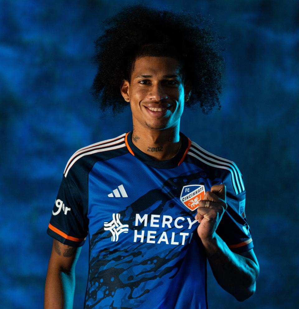 CINCINNATI, OHIO - JANUARY 19: Marco Angulo of FC Cincinnati poses for a portrait on January 19, 2023 during media day at TQL Stadium in Cincinnati, Ohio. (Joseph Guzy/FC Cincinnati)