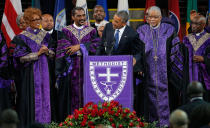 <p>President Barack Obama leads mourners in singing the song “Amazing Grace” as he delivers a eulogy in honor of the Rev. Clementa Pinckney during funeral services for Pinckney in Charleston, South Carolina June 26, 2015. Pinckney is one of nine victims of a mass shooting at the Emanuel African Methodist Episcopal Church. (Brian Snyder/Reuters) </p>