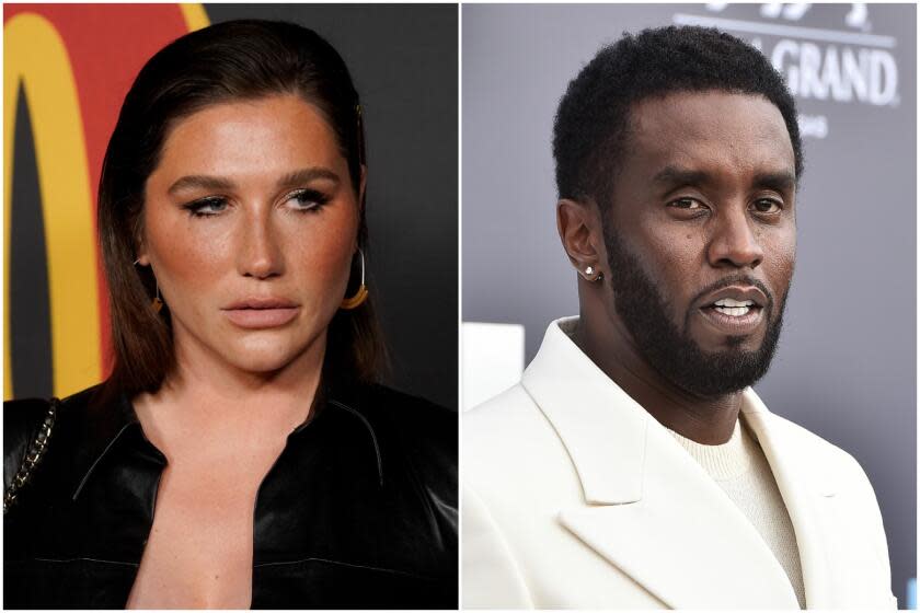 Split: left, Kesha wears a black jacket; right, Diddy wears a white blazer over a plain white shirt