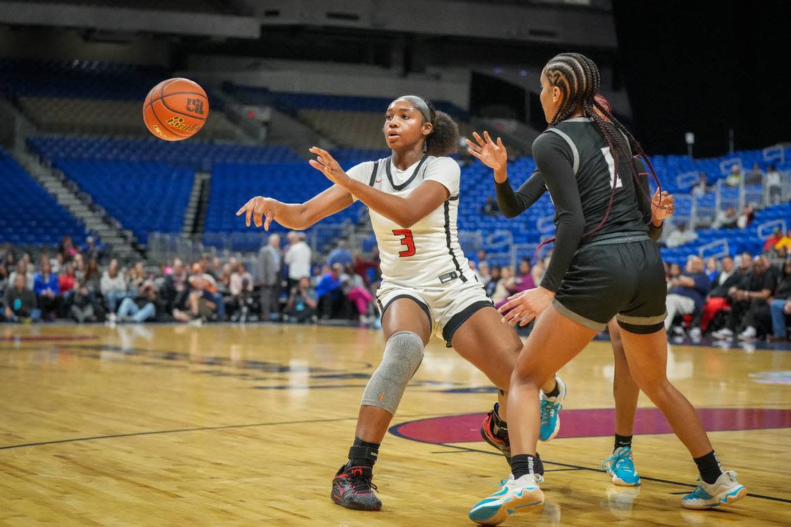 Frisco Liberty’s Jacy Abii dishes off for one of her eight assists against Richmond Randle in a Class 5A state semifinal on Thursday, February 29, 2024 at the Alamodome in San Antonio, Texas. Abii also had 17 points, 18 rebounds and six blocked shots in Liberty’s 66-37 win. Whitney Magness/University Interscholastic League