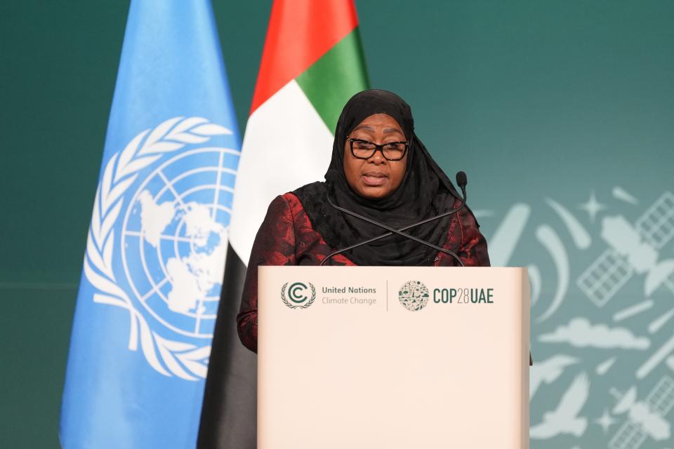 Tanzania President Samia Suluhu Hassan speaks during a plenary session at the COP28 U.N. Climate Summit, Friday, Dec. 1, 2023, in Dubai, United Arab Emirates. (AP Photo/Peter Dejong)