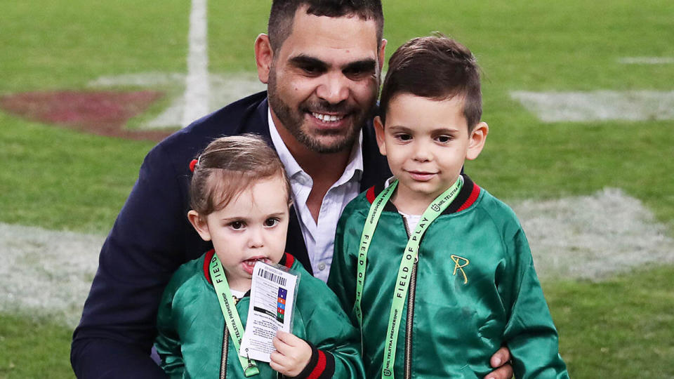 Greg Inglis with son Nat and daughter Quinnsy. (Photo by Cameron Spencer/Getty Images)