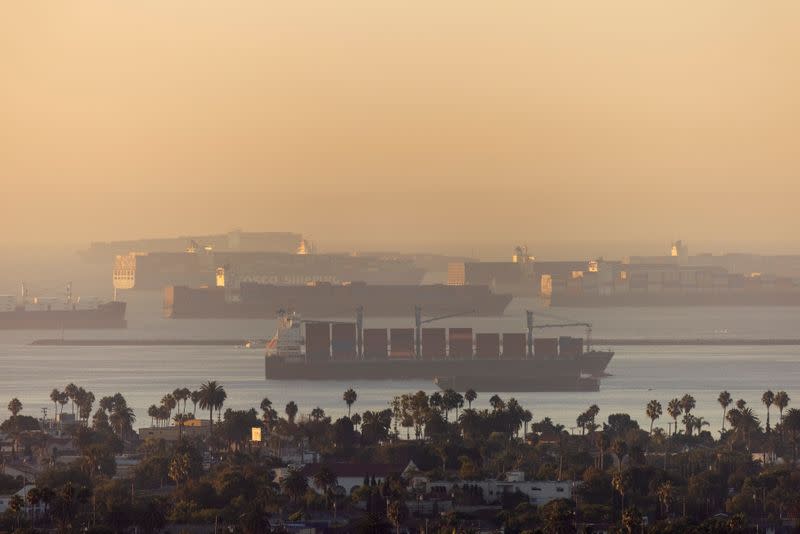 Container ships sit in the ocean waiting to unload their cargo at the ports of Los Angels and Long Beach