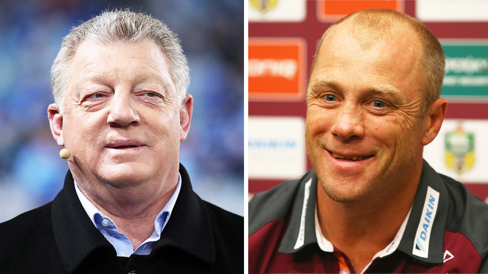 NRL commentator Gus Gould (pictured left) during commentary and (pictured right) former Manly manager Geoff Toovey during a press conference.