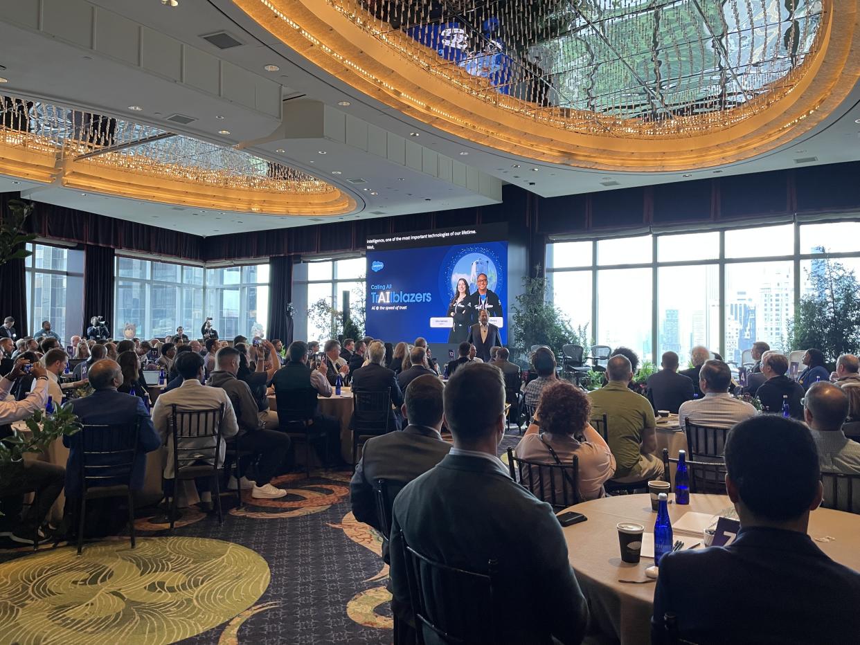 Salesforce CEO Marc Benioff talks AI in front of a packed house of analysts, investors and media in New York City on Monday.