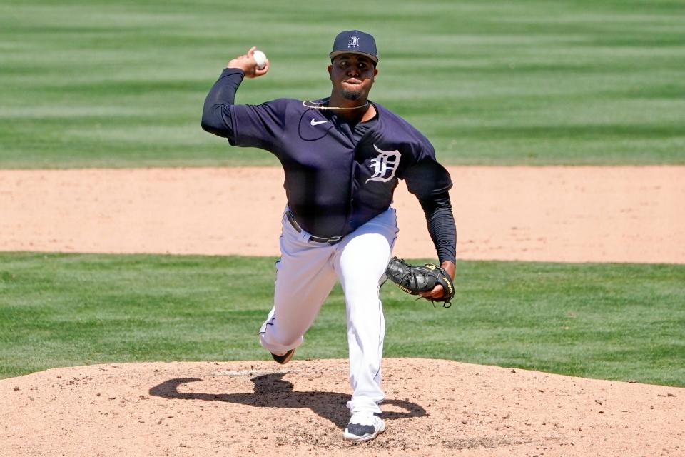 Tigers' Rony Garcia pitches against the Yankees in the sixth inning of a spring baseball game, Monday, March 28, 2022, in Lakeland, Fla.