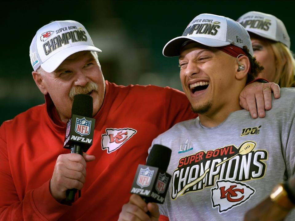 Andy Reid (left) and Patrick Mahomes after winning Super Bowl LIV.
