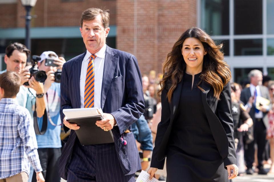 Johnny Depp’s lawyers Camille Vasquez and Ben Chew leave court after the verdict (EPA)