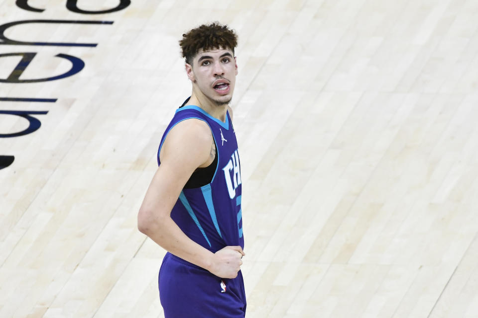 LaMelo Ball #2 of the Charlotte Hornets looks on during a game against the Utah Jazz at Vivint Smart Home Arena on February 22, 2021 in Salt Lake City, Utah. NOTE TO USER: User expressly acknowledges and agrees that, by downloading and/or using this photograph, user is consenting to the terms and conditions of the Getty Images License Agreement.  (Photo by Alex Goodlett/Getty Images)