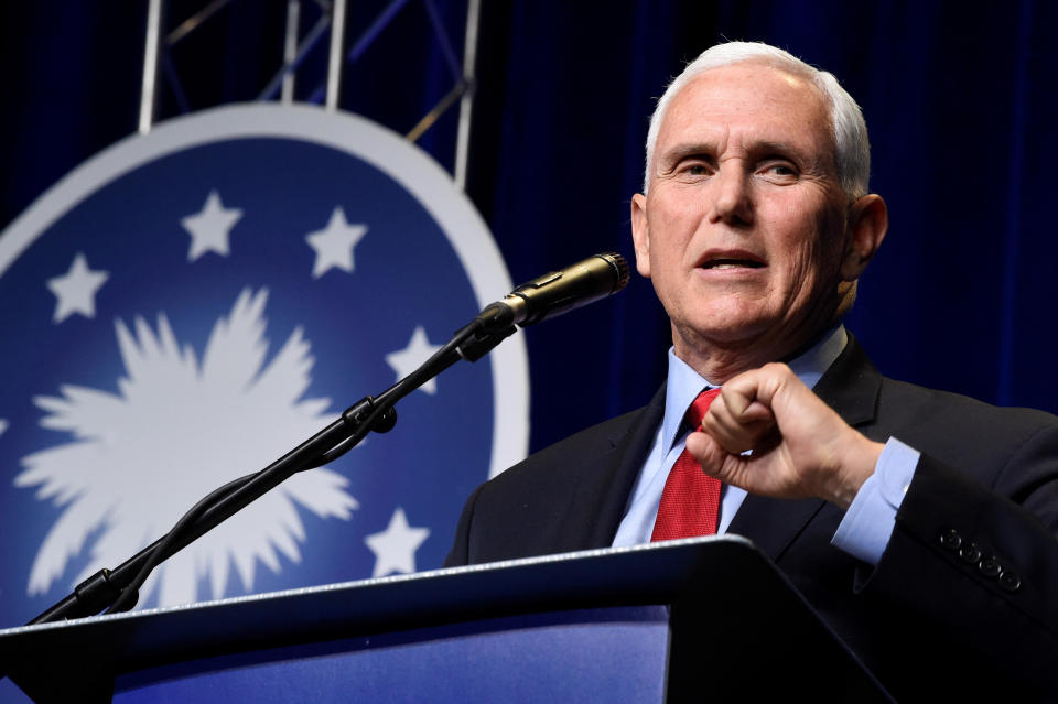 In his first public speech since leaving office, former Vice President Mike Pence speaks at a dinner hosted by Palmetto Family on Thursday, April 29, 2021, in Columbia, S.C. (AP Photo/Meg Kinnard)