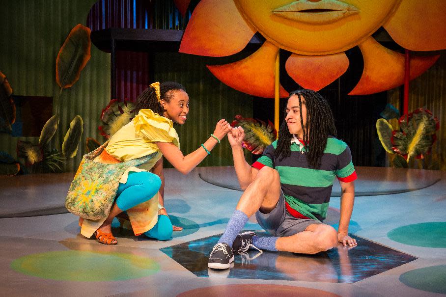 This image released by the New Victory Theater shows Brittany Williams, left, and Jobari Parker during a performance of "Bob Marley's Three Little Birds," a new musical for kids that features the legendary reggae artist's songs. (AP Photo/New Victory Theater, Michael Horan)