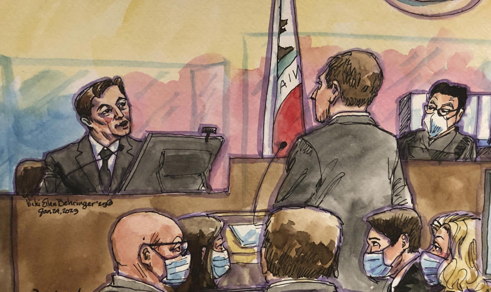 In this courtroom sketch is Elon Musk, left, with shareholder attorney Nicholas Porritt during redirect examination in federal court as U.S. District Judge Edward Chen, right, looks on in San Francisco, Tuesday, Jan. 24, 2023. Musk returned to the stand for a third day Tuesday in a class-action lawsuit brought by Tesla investors who allege he misled them with a tweet about a deal that never happened, testifying that his intent had been to let his shareholders know he was considering a buyout. (Vicki Behringer via AP)