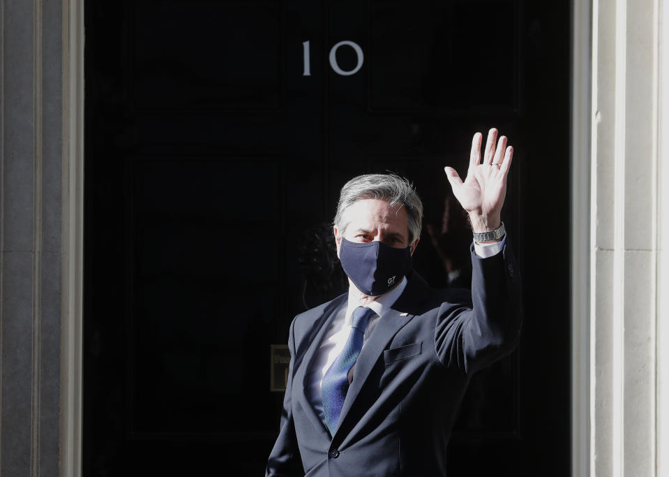 US Secretary of State Antony Blinken arrives for a meeting with Britain's Prime Minister Boris Johnson at 10 Downing Street in London, Tuesday, May 4, 2021. Foreign ministers from the Group of Seven wealthy industrialized nations gathered in London to grapple with threats to health, prosperity and democracy. It is their first face-to-face meeting in more than two years. (AP Photo/Frank Augstein)