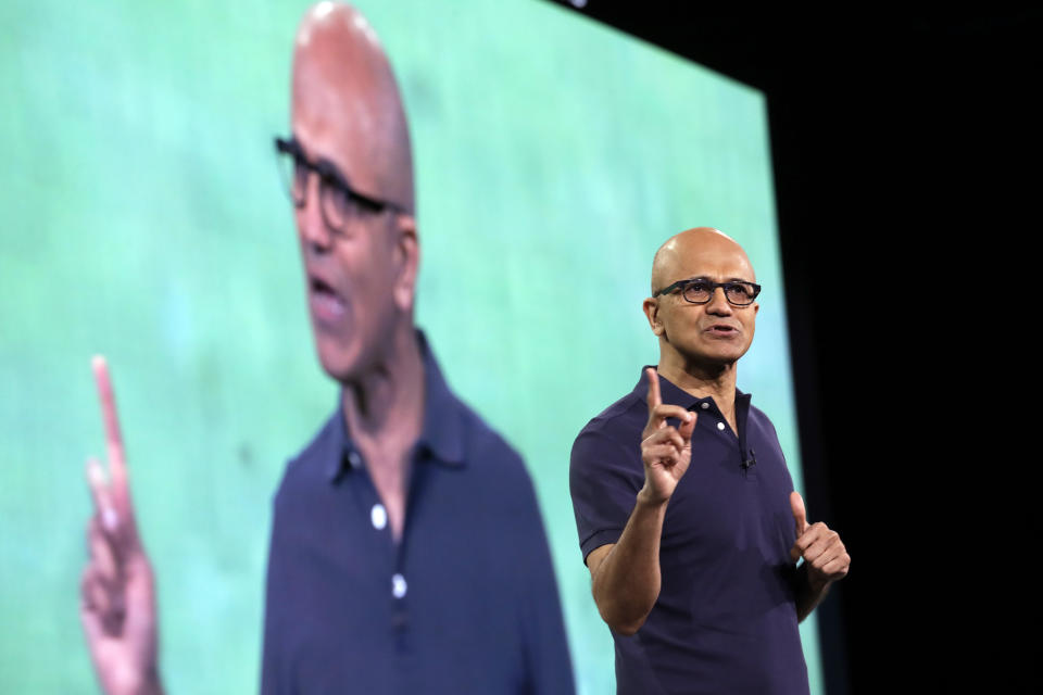 Microsoft CEO Satya Nadella delivers the keynote address at Build, the company's annual conference for software developers Monday, May 6, 2019, in Seattle. (AP Photo/Elaine Thompson)