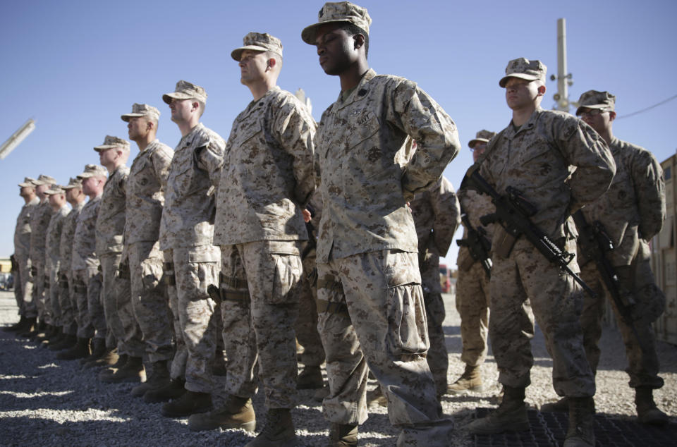 FILE - In this Jan. 15, 2018, file photo, U.S. Marines watch during the change of command ceremony at Task Force Southwest military field in Shorab military camp of Helmand province, Afghanistan. The final phase of ending America's “forever war” in Afghanistan after 20 years formally began Saturday, May 1, 2021, with the withdrawal of the last U.S. and NATO troops by the end of summer.(AP Photo/Massoud Hossaini, File)