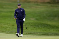 Matthew Fitzpatrick, of England, reacts to his shot on the 17th hole during the third round of the U.S. Open golf tournament at The Country Club, Saturday, June 18, 2022, in Brookline, Mass. (AP Photo/Charlie Riedel)