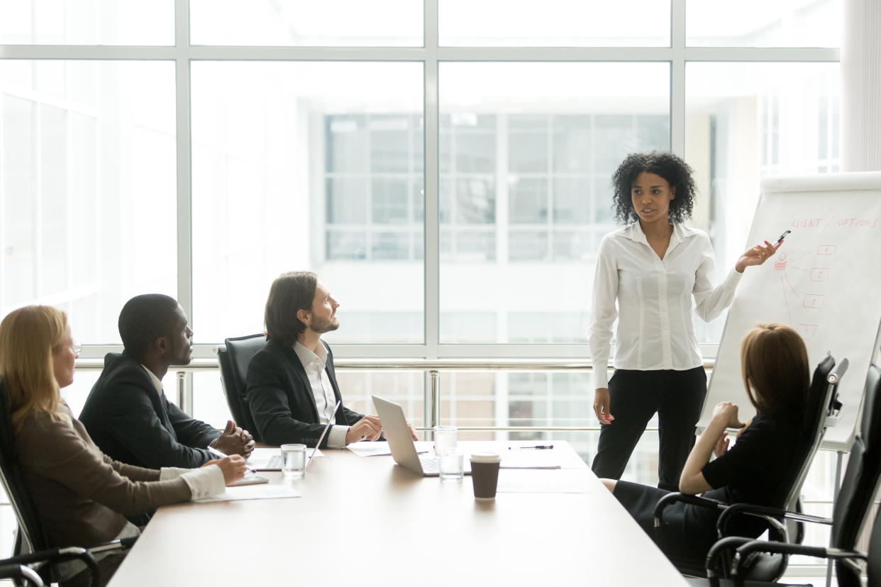 African american businesswoman giving presentation to executive team in meeting room, black business coach or employee working with flipchart reporting about work result, explaining new project idea