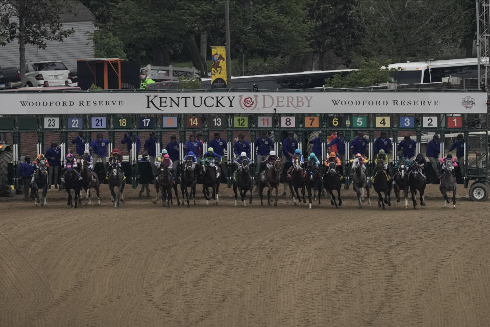 Horses leave the starting gate during the 149th running of the Kentucky Derby horse race at Churchill Downs Saturday, May 6, 2023, in Louisville, Ky. (AP Photo/Charlie Riedel)