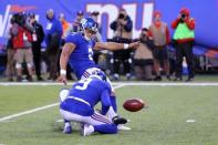 Nov 19, 2017; East Rutherford, NJ, USA; New York Giants kicker Aldrick Rosas (2) kicks the game winning field goal against the Kansas City Chiefs during overtime at MetLife Stadium. Mandatory Credit: Brad Penner-USA TODAY Sports