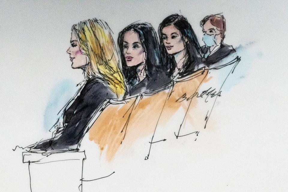 In this courtroom artist sketch, Khloe Kardashian, from left, Kim Kardashian, Kylie Jenner and Kris Jenner sit in court in Los Angeles, Tuesday, April 19, 2022. A jury has been seated in a trial that pits model and former reality television star Blac Chyna against the Kardashian family, who she alleges destroyed her TV career.