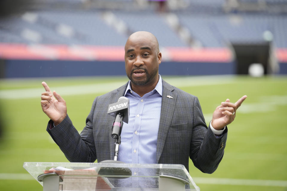 Damani Leech, president of the Denver Broncos, speaks during a media tour to show the $100-million upgrades made to Empower Field at Mile High, the home to the NFL football team, Friday, Aug. 25, 2023, in Denver. The upgrades include a new scoreboard, which is the fifth-largest in the league, as well as premium hospitality areas, renovated suites and team store plus artwork scattered throughout the stadium featuring the Broncos' history. (AP Photo/David Zalubowski)