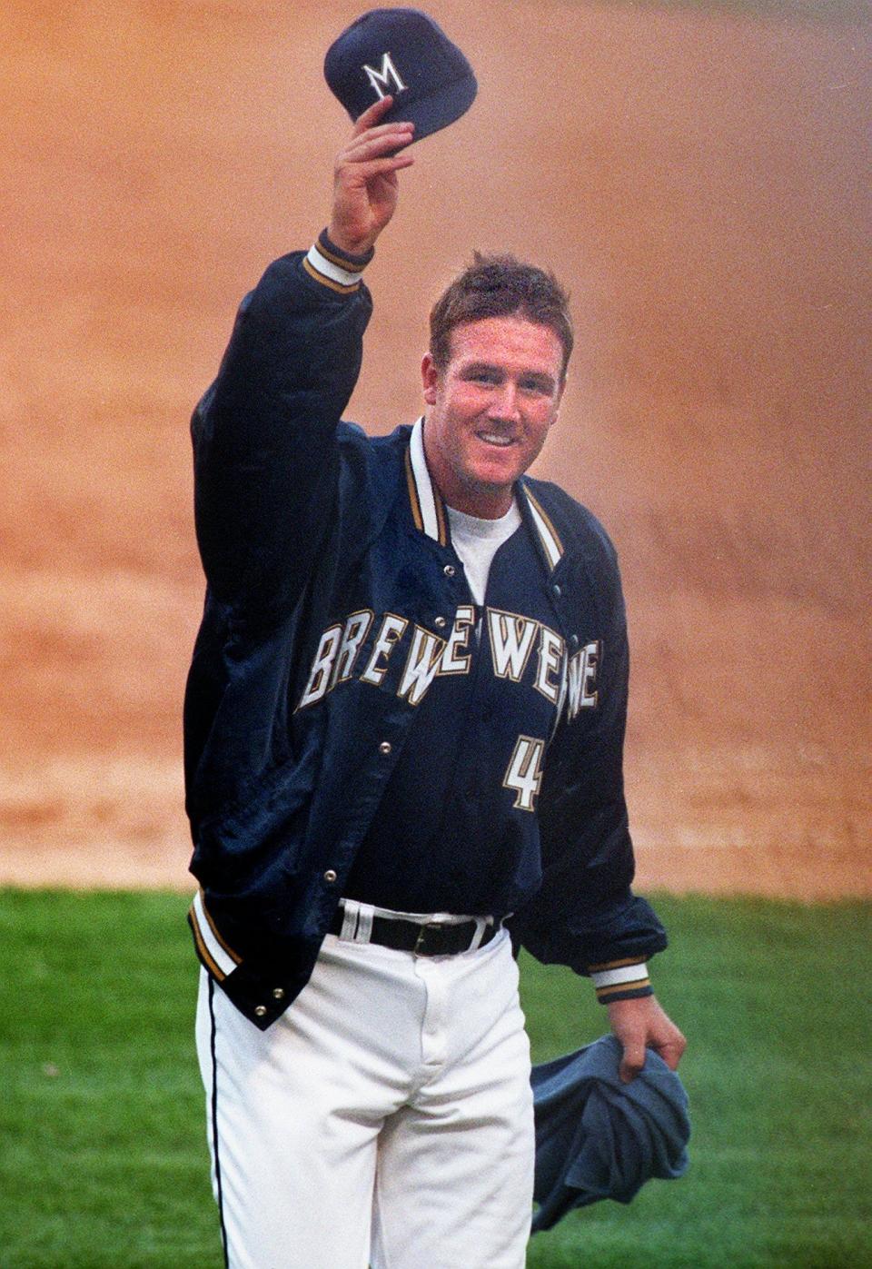 Steve Woodard waves to the fans at County Stadium Monday, July 28,1997 in Milwaukee. In his Major League debut, Woodard struck out 12 batters, giving the Brewers a 1-0 victory over the Toronto Blue Jays.