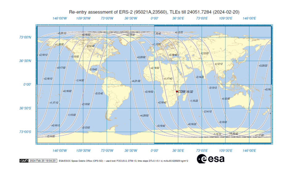 A map showing potential reentry points for the ERS-2 satellite on 21 February, 2024 (ESA)
