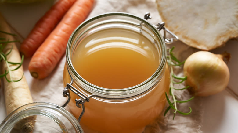 Homemade broth in jar