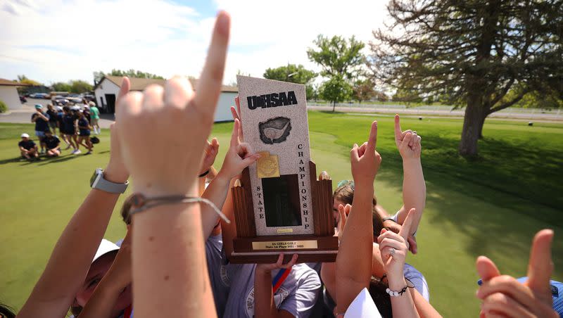 Beaver celebrates its win in the 2A girls state golf championships at Lakeside Golf Course in West Bountiful on Tuesday, May 16, 2023.