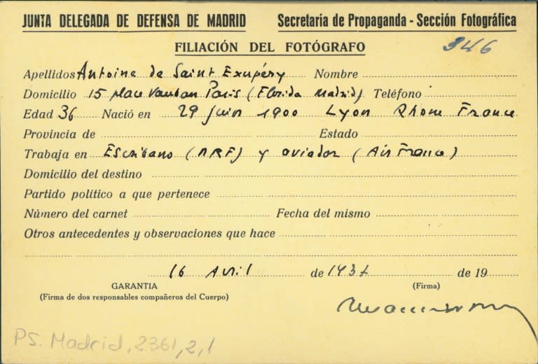 A handout picture shows the press card used by French writer and pioneering aviator, Antoine de Saint-Exupery during the Spanish Civil War (1936-1939), found on June 30, 2016 at the Centro Documental de la Memoria Historica of Spain