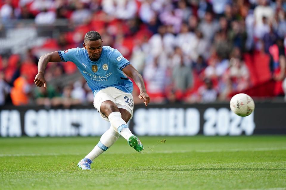 Manuel Akanji scored Manchester City’s eighth penalty to win the Community Shield for his side (Zac Goodwin/PA Wire)