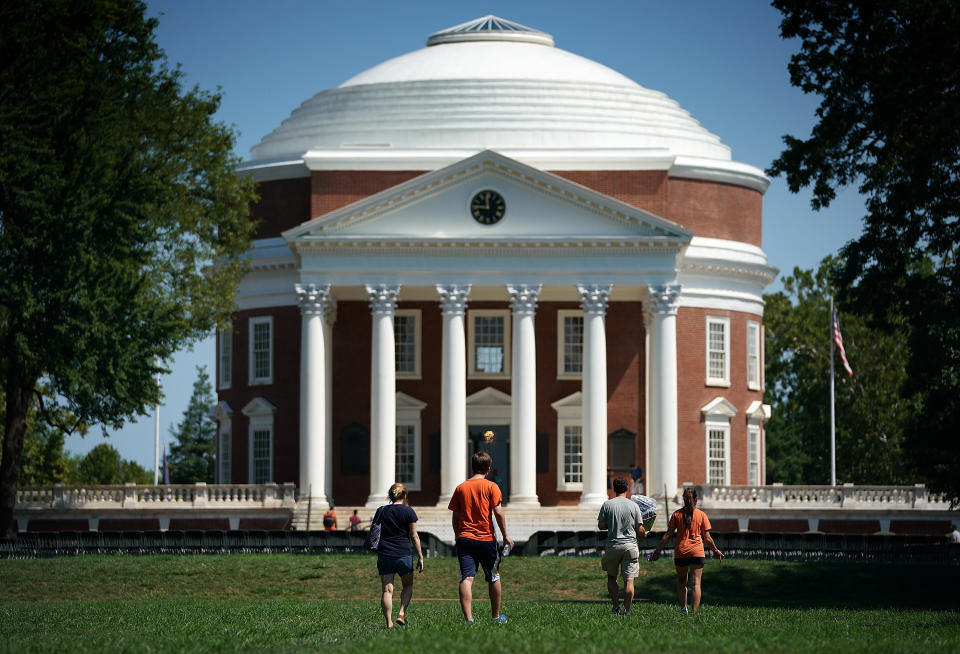 Students return to the University of Virginia for the fall semester on Aug. 19, 2017 in Charlottesville, Virginia. One week ago the town of Charlottesville was placed in the national spotlight when white supremacists descended upon the town to stage a rally protesting the removal of a statue of Robert E. Lee when violence broke out resulting in the death of one counter protester and two members of the Virginia State Police. Win McNamee/Getty Images