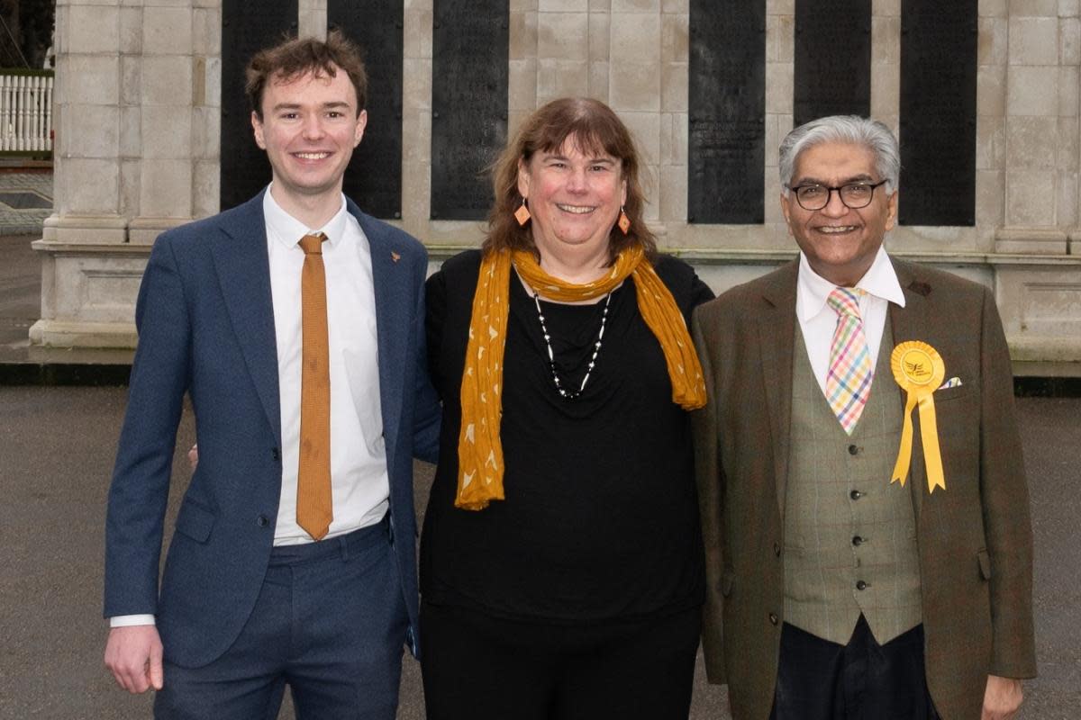 Liberal Democrat candidates Henry Wright (Reading Central), Helen Belcher (Reading West and Mid Berkshire) and Tahir Maher (Earley and Woodley). Credit: Adrian Betteridge, Liberal Democrats