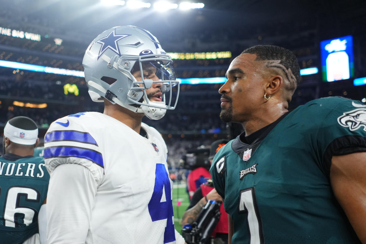Narratives and perspectives have changed since Dak Prescott, left, and Jalen Hurts met on Sept. 27, 2021. (Photo by Cooper Neill/Getty Images)