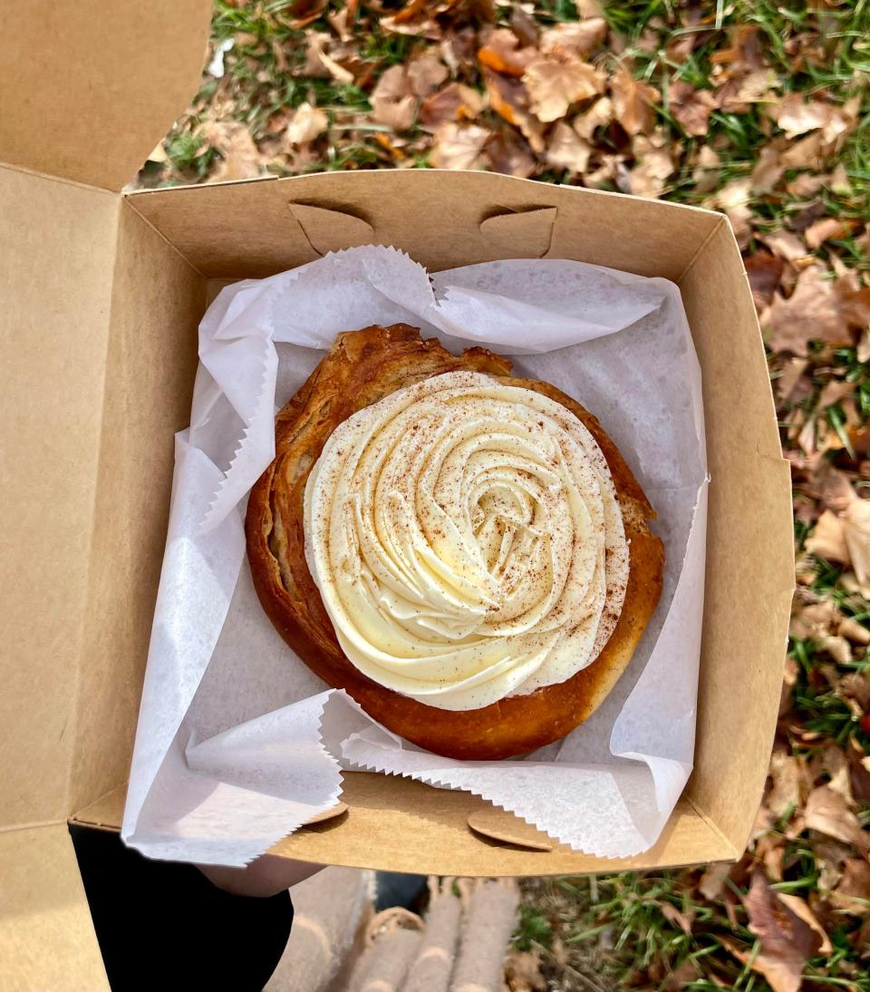 A cinnamon bun from Belmont Bean. The dough was soft, yet flaky, and had a hint of sweetness and cinnamon. The icing was a luscious blend of butter and cream cheese, reminiscent of a homemade essence.