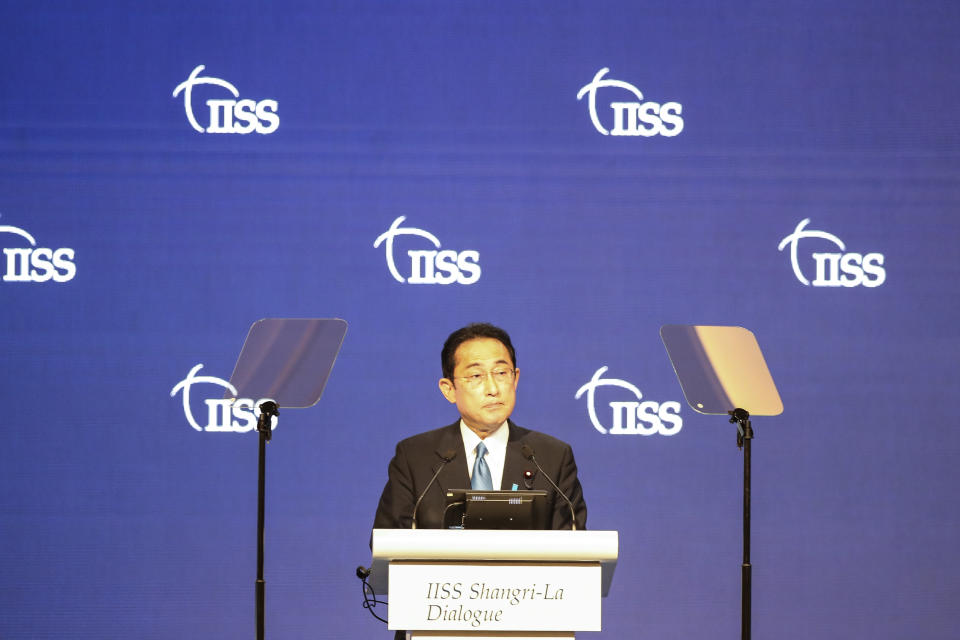 Prime Minister of Japan, Fumio Kishida delivers the keynote speech of the forum at the Shangri La Hotel during the 19th International Institute for Strategic Studies (IISS) Shangri-la Dialogue, an annual defence and security forum in Asia, in Singapore, Friday, June 10, 2022. (AP Photo/Danial Hakim)