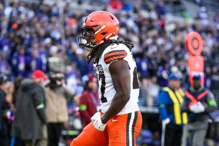 Cleveland Browns running back Kareem Hunt celebrates after scoring against the Baltimore Ravens during the second half on an NFL football game Sunday, Nov. 12, 2023, in Baltimore. (AP Photo/Nick Wass)
