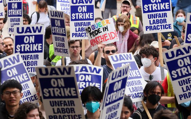 Member of United Auto Workers Local 4811 strike at UCLA last month. Police arrested more than 200 demonstrators at the campus after violent attacks by counterprotesters.