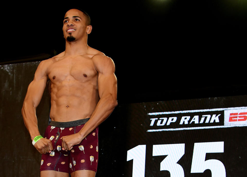 NEW YORK, NEW YORK - APRIL 19: Felix Verdejo of Puerto Rico poses during the weigh-in for his lightweights fight against Bryan Vasquez of Costa Rica at Madison Square Garden on April 19, 2019 in New York City. (Photo by Sarah Stier/Getty Images)