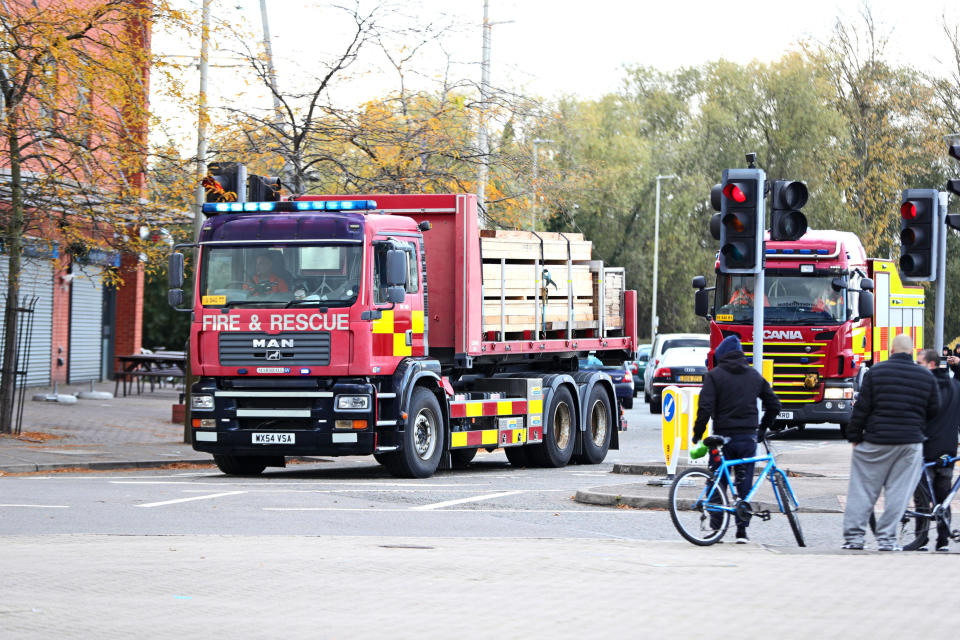 Fire service equipment arrives outside the King Power Stadium in Leicester (Aaron Chown/PA Wire)