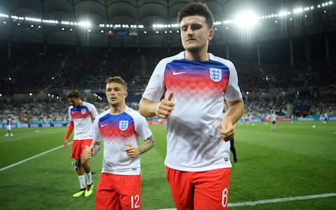 Harry Maguire of England runs off the pitch following the warm up - Credit: FIFA