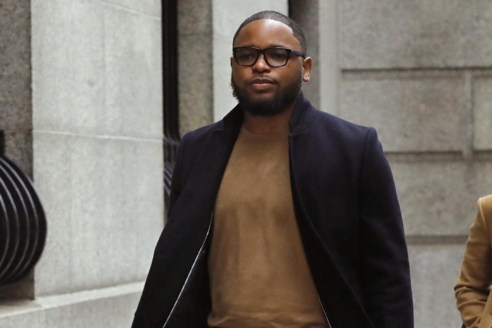 Christian Dawkins arrives for sentencing at federal court in New York, Thursday, Oct. 3, 2019. (AP Photo/Richard Drew)