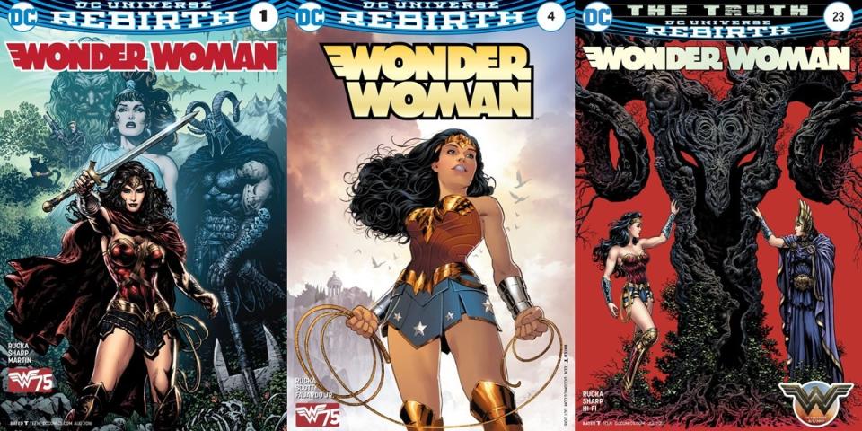 Covers for Greg Rucka's Rebirth era Wonder Woman, by Liam Sharp and Nicola Scott.